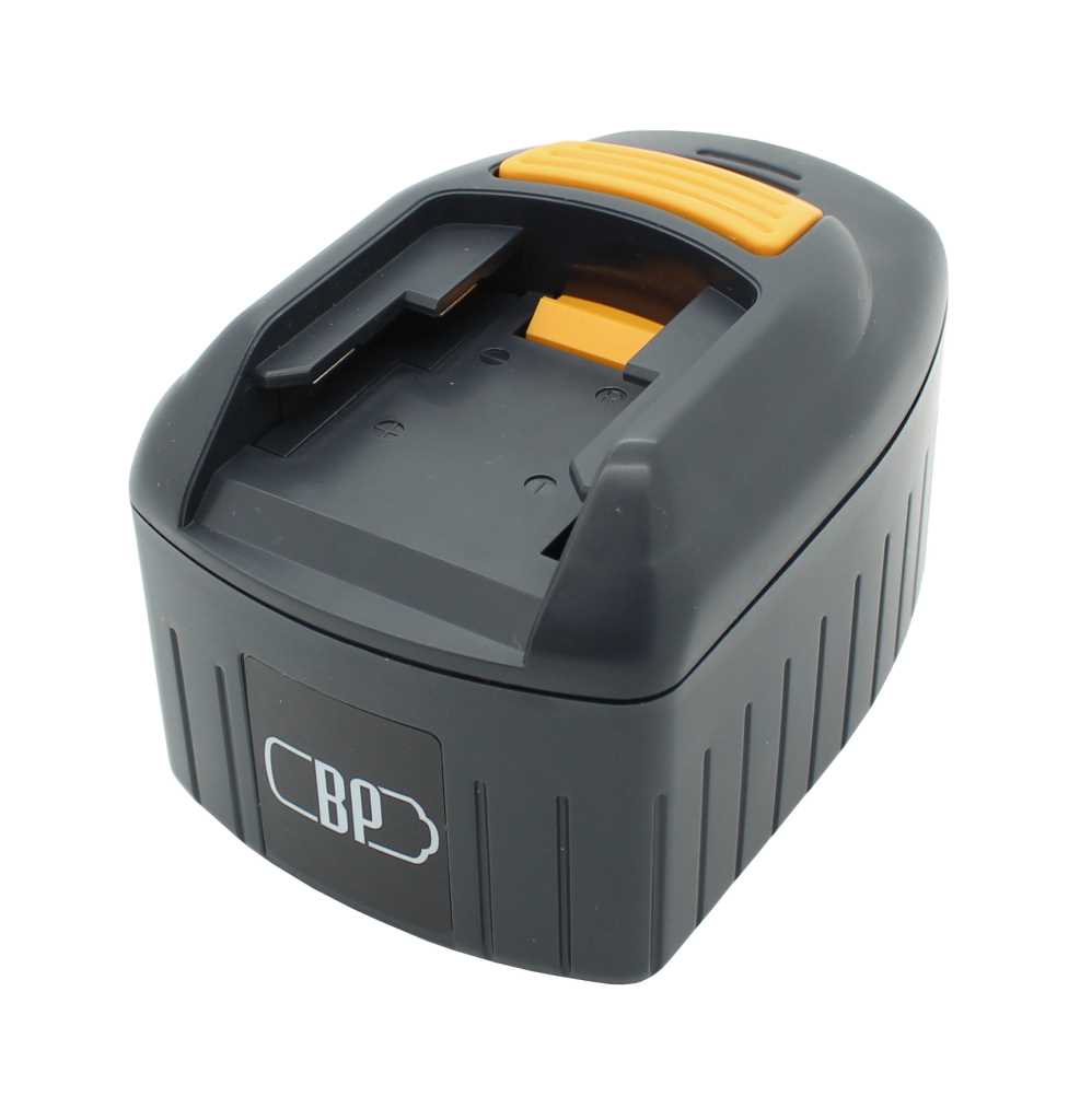 Schwarzer Werkzeugakku mit gelbem Entriegelungsknopf, Ansicht schräg von oben mit Kontaktfach