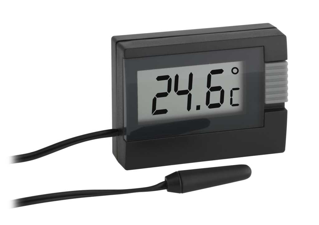 Schwarzes Digitalthermometer mit Display und Kabelsensor, Temperaturanzeige 24,6 °C