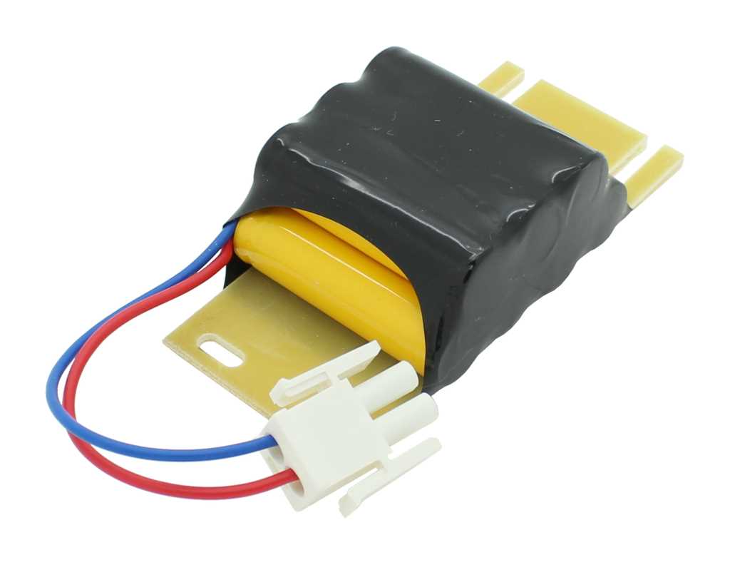 Gelber Akkupack mit schwarzer Schrumpffolie, montiert auf Halteplatte, mit rot-blauen Kabeln und weißem Stecker