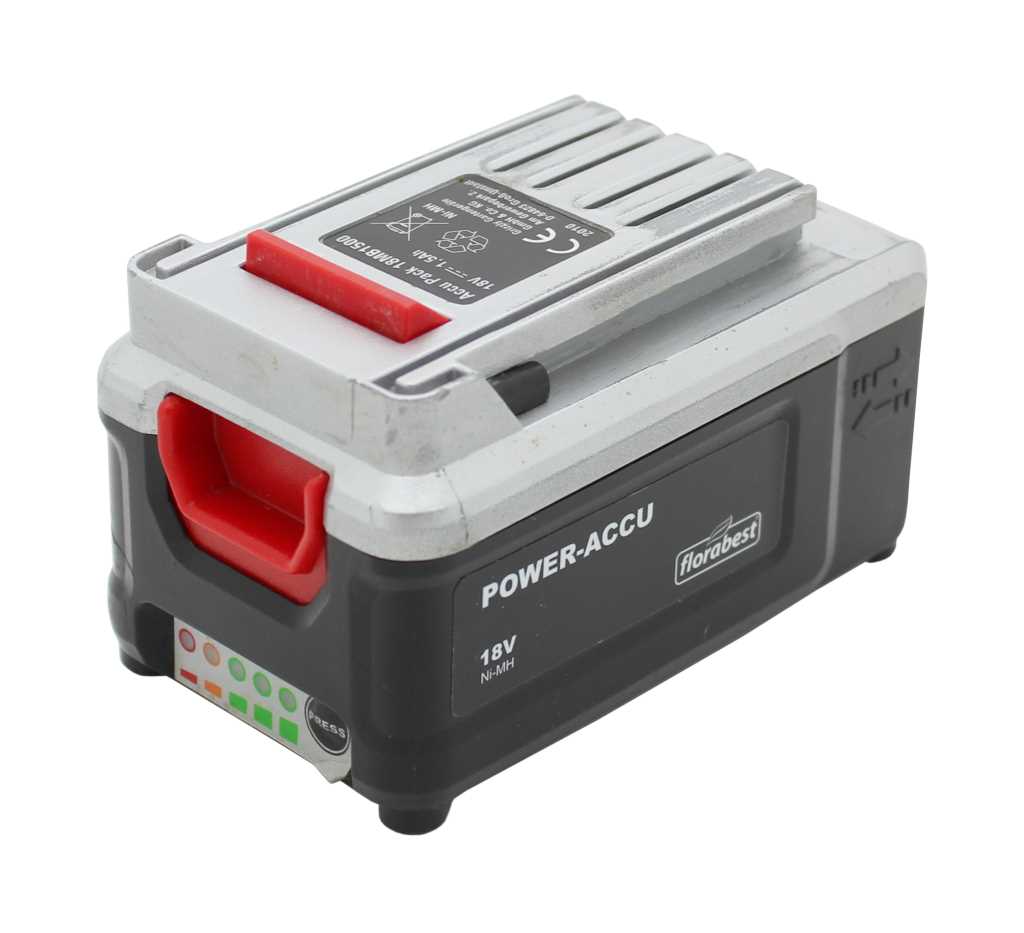 Schwarzer Akku mit silberner Oberseite und roten Entriegelungstasten, seitliche Aufschrift Power-Accu 18V Ni-MH