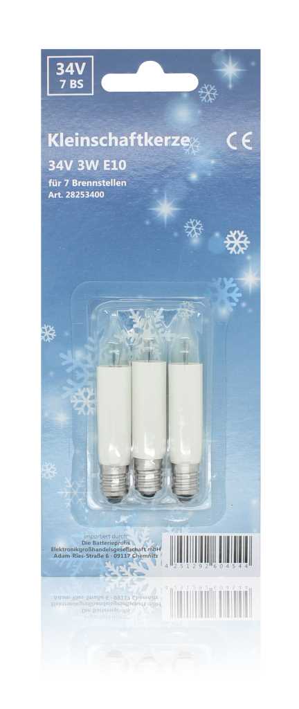 Blisterverpackung mit drei weißen, kerzenförmigen Glühlampen mit Schraubsockel vor blauem Hintergrund mit Schneeflockenmotiv