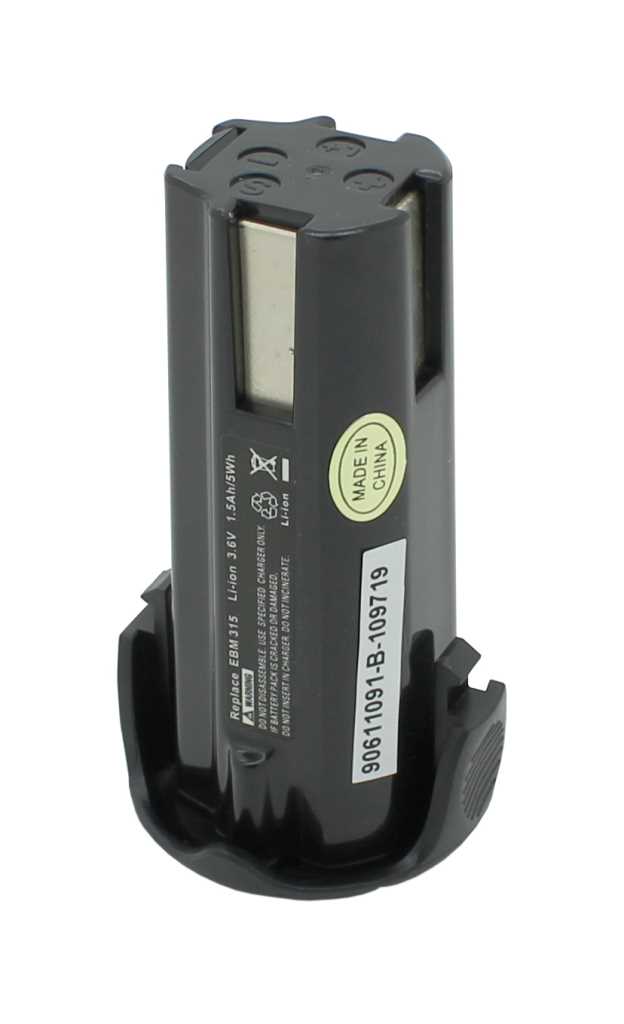 Schwarzer Akku mit seitlichen Metallkontakten, Etikettenaufklebern und breitem Fußteil auf weißem Hintergrund