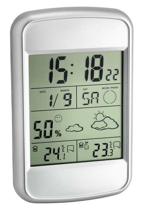 Silberne Digital-Wetterstation mit großem Display für Uhrzeit, Datum, Mondphase, Wetter-Icon, Luftfeuchte und Temperaturen
