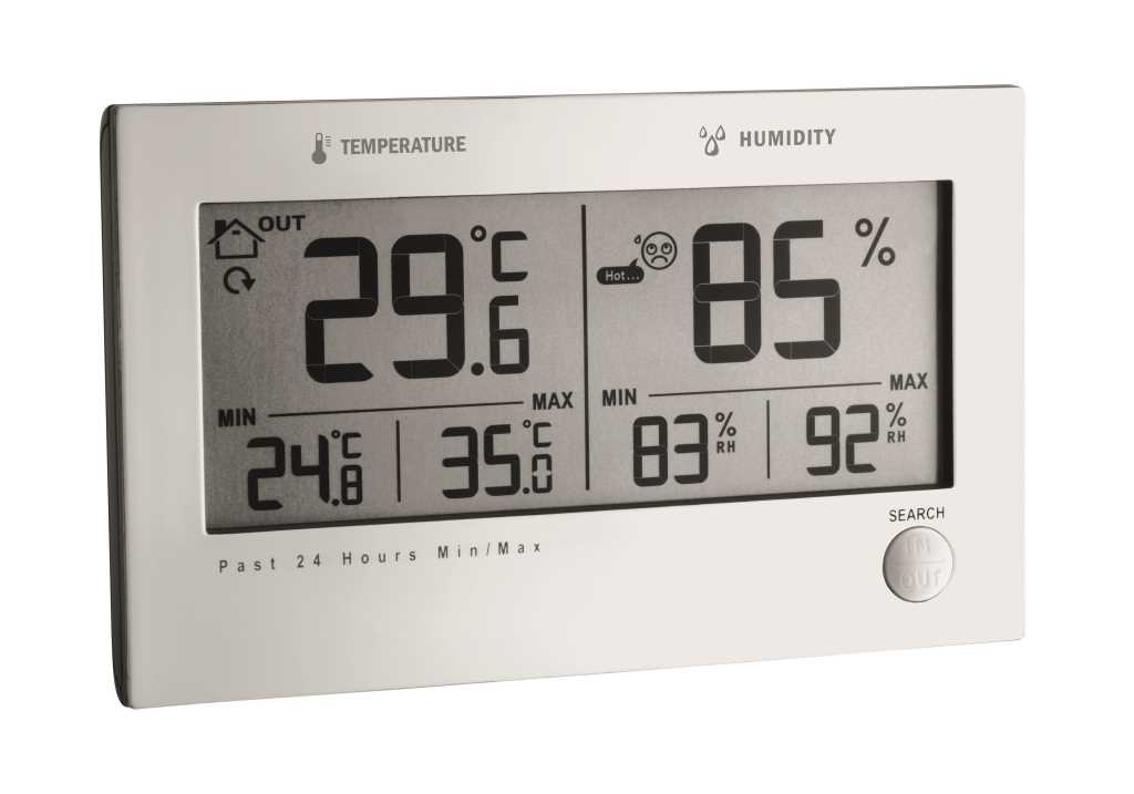 Digitales Thermometer-Hygrometer mit Display, großen Temperatur- und Feuchtewerten sowie Min/Max-Anzeige und Taste rechts