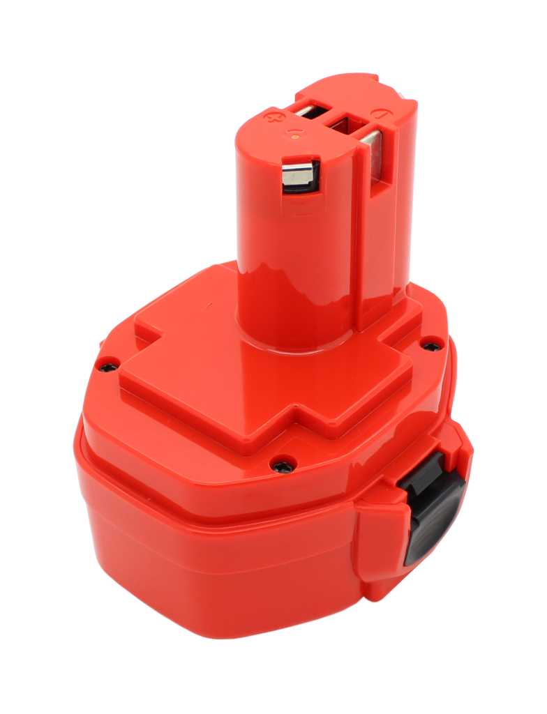 Roter Werkzeugakku mit Steckkontakten und schwarzer Entriegelungslasche auf weißem Hintergrund