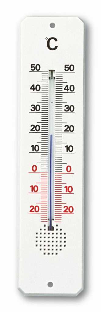 Weißes Thermometer mit Celsius-Skala von -20 bis 50 und Aufhängeloch oben und unten