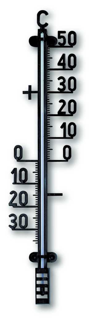 Schwarzes Hängethermometer mit Celsius-Skala von minus 30 bis plus 50 und zentralem Glasröhrchen