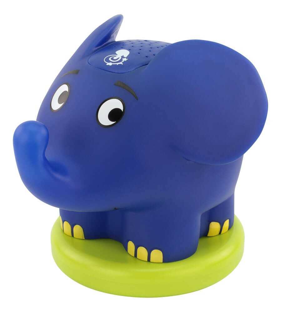 Blauer Elefant mit großen Augen auf grünem Sockel, oben kleine Löcher und ein weißes Symbol auf dem Rücken