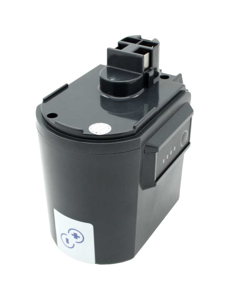 Schwarzer Akku mit zylindrischem Gehäuse, Steckanschluss oben und seitlicher Verriegelung vor weißem Hintergrund
