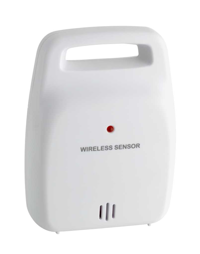 Weiße Kunststoffbox mit Tragegriff, roter LED-Anzeige und drei Schlitzen unten auf weißem Hintergrund