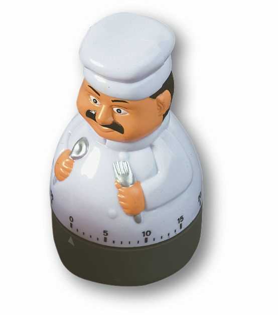 Küchentimer als Kochfigur mit weißer Mütze und Jacke, hält Löffel und Gabel, Skala am unteren Rand