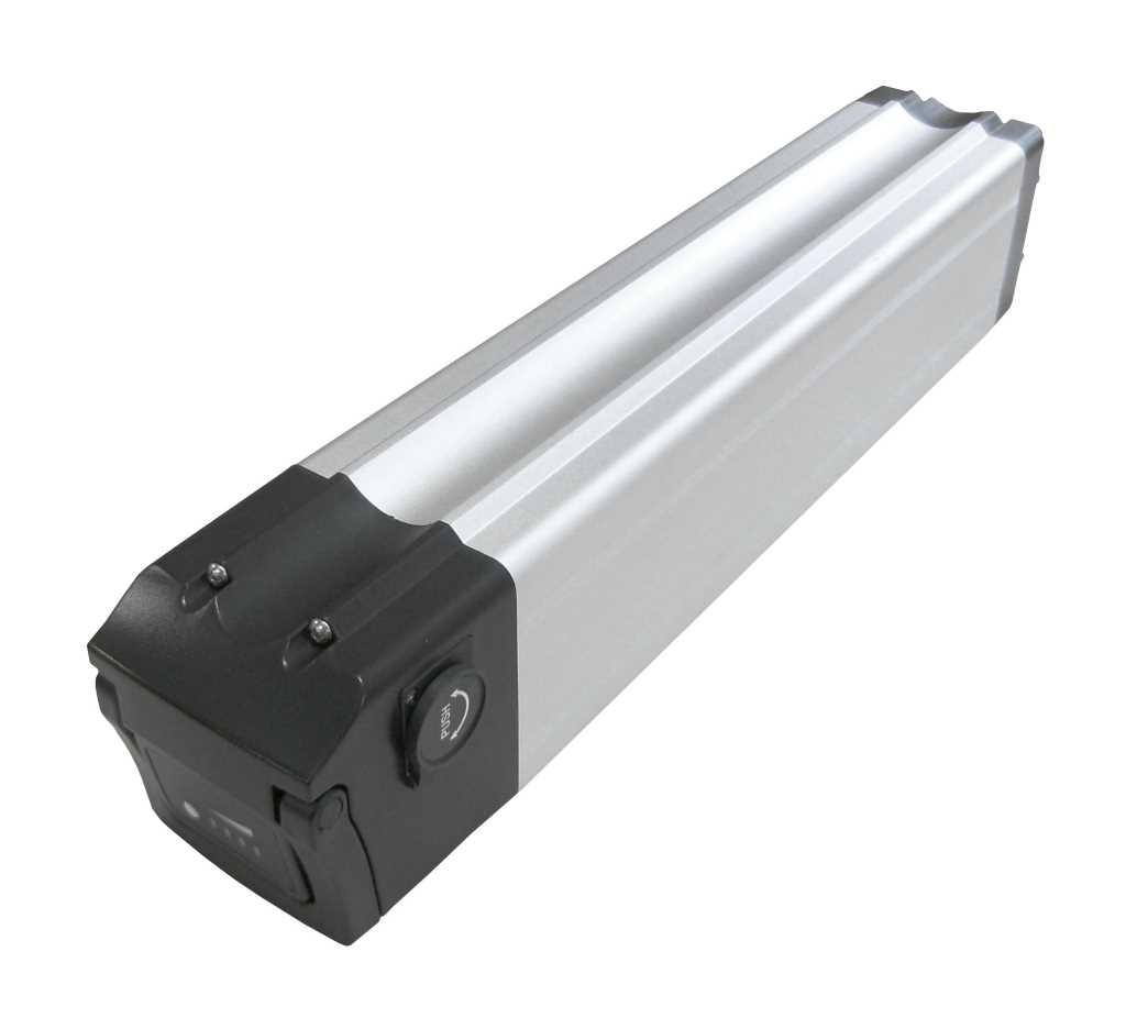 Silberner länglicher Akkupack mit schwarzer Endkappe, Druckknopf und Anschlussbereich auf weißem Hintergrund