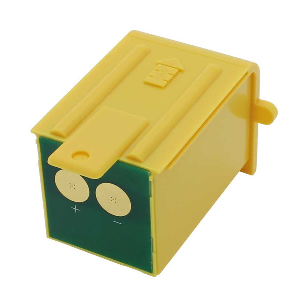 Gelbes Kunststoffgehäuse mit grünem Anschlussfeld und zwei runden Kontaktflächen, Plus- und Minusmarkierung sichtbar