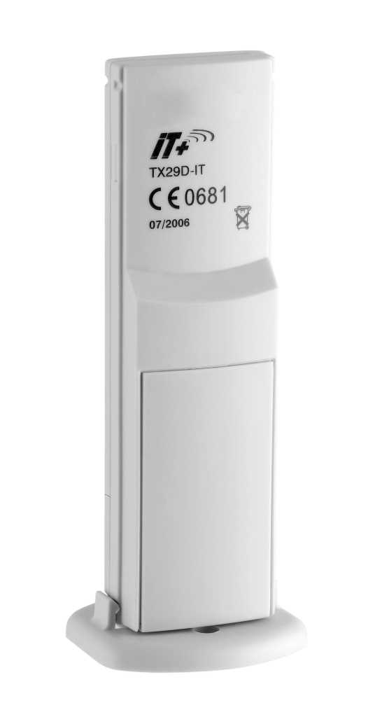 Schmales weißes Kunststoffgerät mit Standfuß und aufgedruckten Prüfzeichen, seitlich mit Klappe für Batteriefach