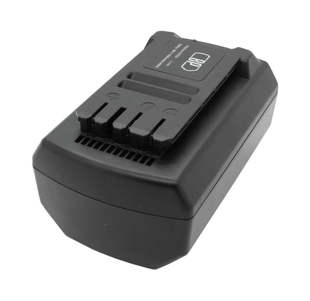 Schwarzer Werkzeugakku mit Kontaktleiste und Lüftungsschlitzen, schräg von oben vor weißem Hintergrund gezeigt