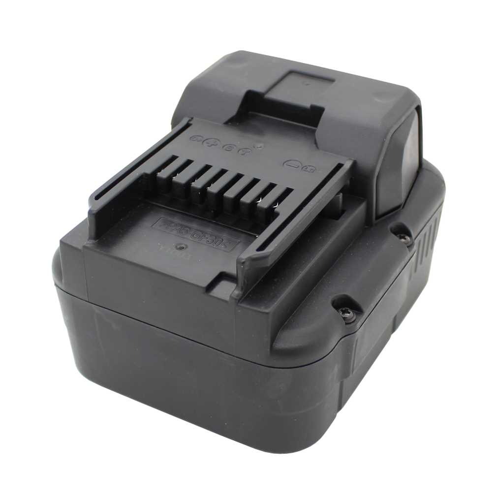 Schwarzer Akku-Block mit Schiebeführung und Kontaktleiste, Seitenansicht schräg von oben auf weißem Hintergrund