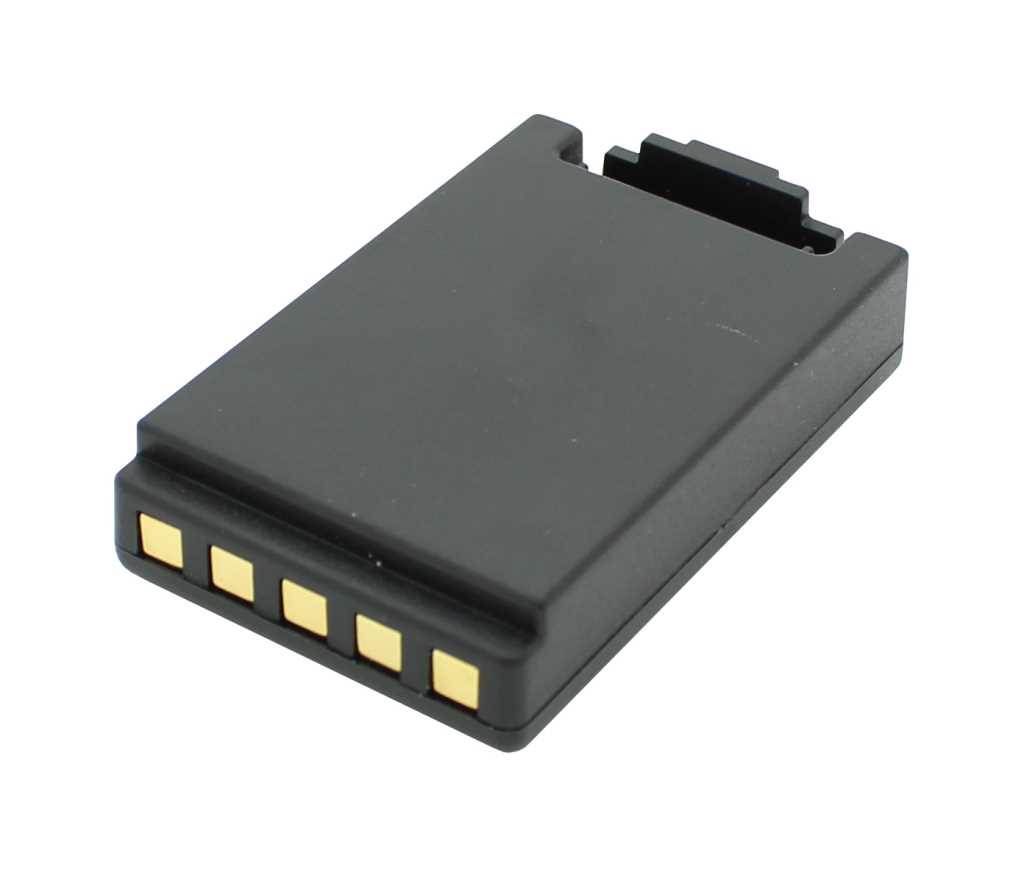 Schwarzer rechteckiger Akku mit fünf goldfarbenen Kontaktflächen an der Stirnseite und Aussparung oben