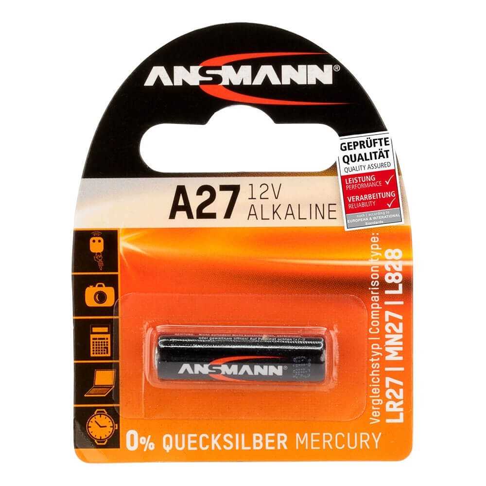 Blisterverpackung mit schwarzer A27-Alkaline-Batterie, oben schwarzer Markenbereich und orangefarbener Hintergrund