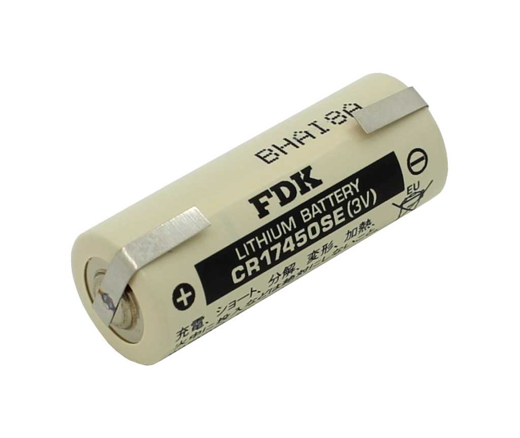 Zylindrische Batterie in heller Hülle mit Pluspol-Markierung und zwei Metall-Lötfahnen an der Oberseite