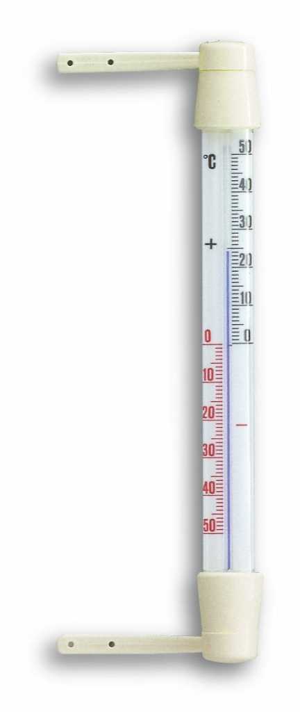 Weißes Fensterthermometer aus Kunststoff mit zwei Befestigungsarmen und Celsius-Skala von -50 bis 50 Grad
