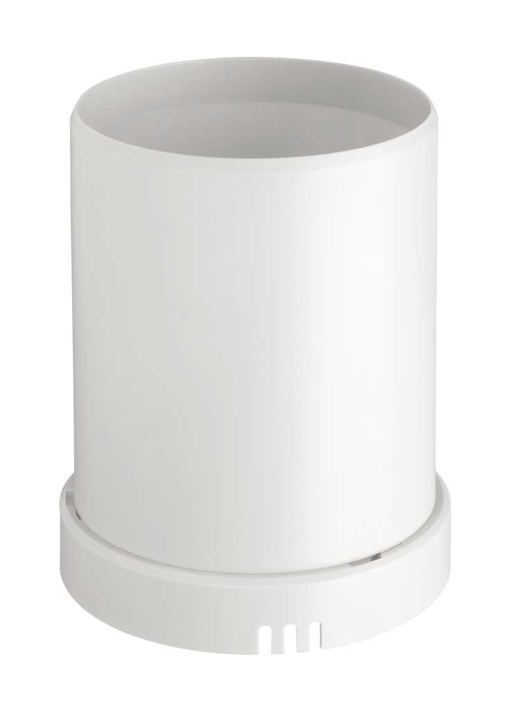 Weißer zylindrischer Behälter mit offenem Rand und rundem Sockel mit drei Schlitzen vorne