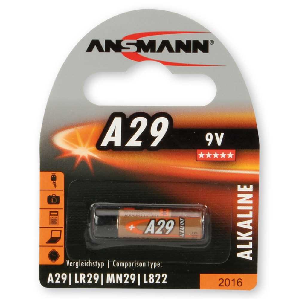 Blisterverpackung mit einer kleinen zylindrischen Batterie, Aufdruck A29 und 9V, schwarz-orange gestaltet