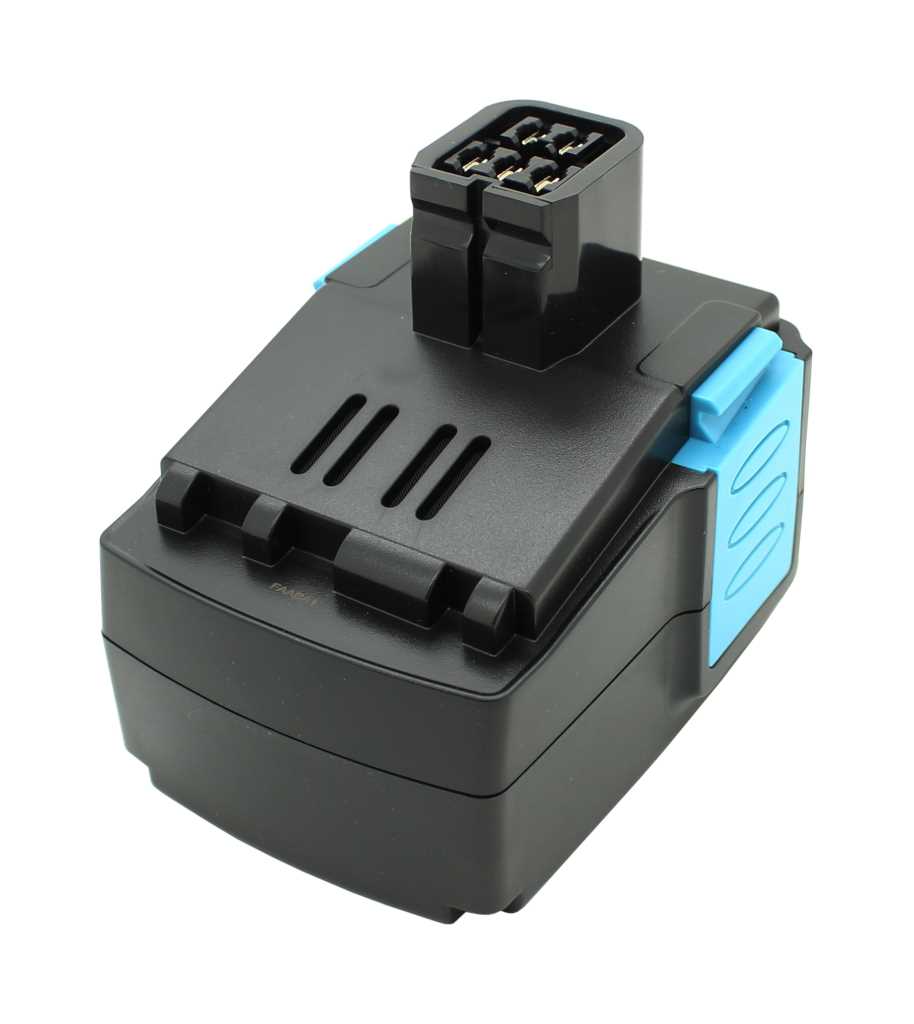 Schwarzer Akku-Pack mit Steckkontakten oben und blauen seitlichen Entriegelungstasten vor weißem Hintergrund