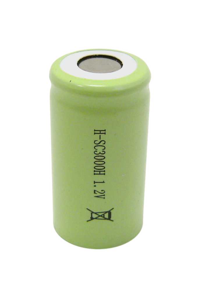 Hellgrüne zylindrische Akkuzelle mit flachem Pluspol und schwarzer Beschriftung auf weißem Hintergrund