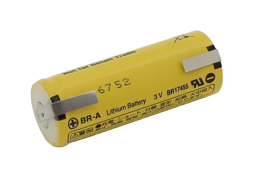 Gelbe zylindrische Batterie mit zwei seitlichen Metall-Lötfahnen, liegend auf weißem Hintergrund