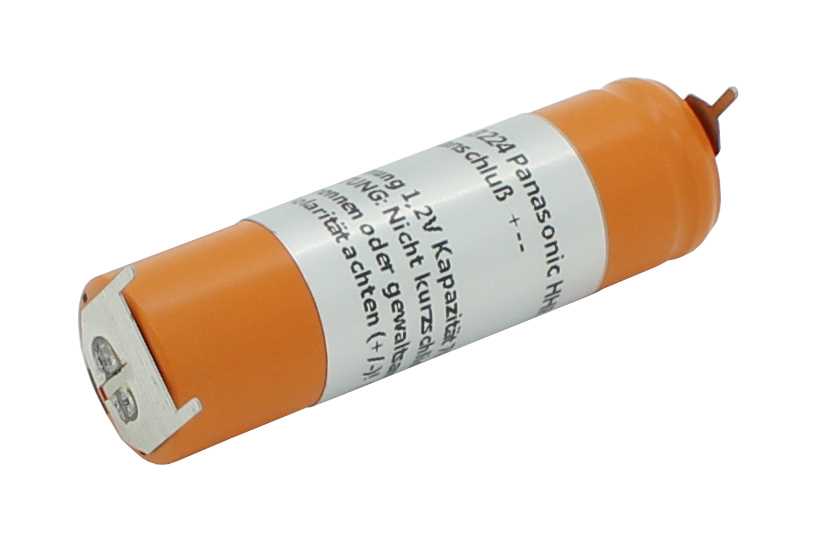 Zylindrischer orange-weißer Akkuzelle mit aufgedrucktem Hinweistext und Lötfahnen an beiden Enden