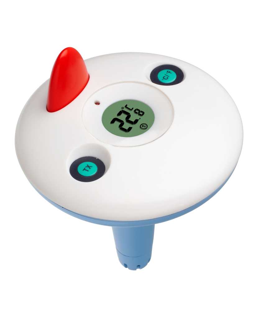 Rundes weiß-blaues Gerät mit rotem Aufsatz, Display und zwei Tasten auf weißem Hintergrund