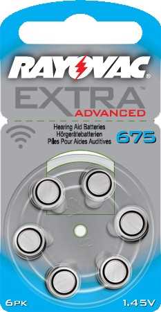 Blisterpackung mit sechs Knopfzellen in Kreisform, oben Markenname, rechts Zahl 675, unten 1,45 V und 6 PK