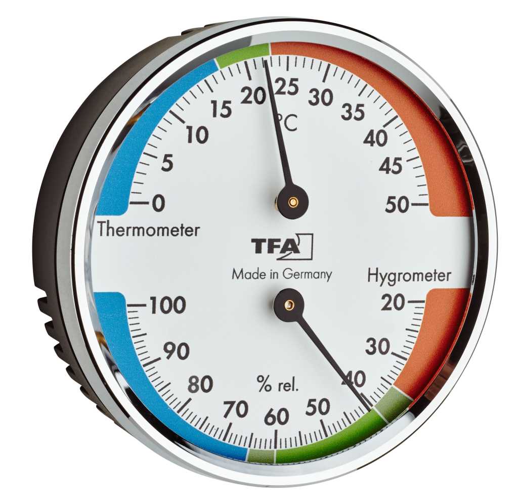 Rundes Kombigerät mit Thermometer- und Hygrometer-Skala, schwarzes Gehäuse und farbige Zonen auf weißem Zifferblatt