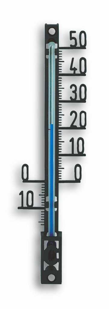 Schwarzes Thermometer mit blauer Flüssigkeitssäule und Skala von -10 bis 50 auf weißem Hintergrund