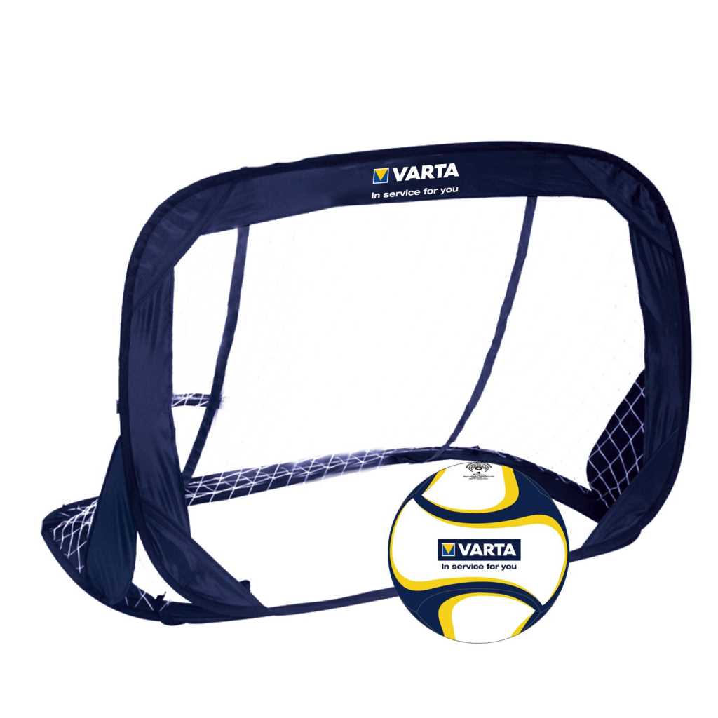 Blaues Pop-up-Fußballtor mit Netz und weiß-blau-gelbem Ball davor auf weißem Hintergrund