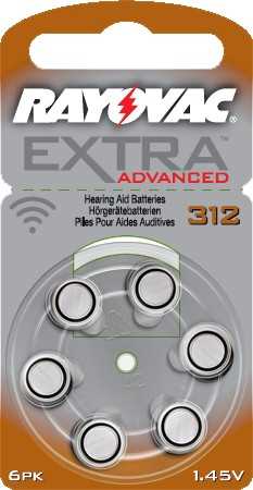 Blisterverpackung mit sechs Knopfzellen in Rundhalterung, orange-grauer Hintergrund, Batterietyp 312 sichtbar