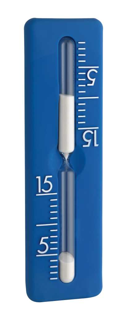 Blaue Sanduhr mit weißem Sand in rechteckigem Rahmen, seitlicher Skala mit 5 und 15 Minutenmarkierung
