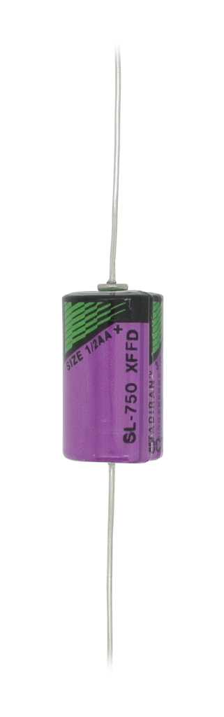 Zylindrische Batterie in violett-grüner Beschriftung mit zwei axialen Drähten oben und unten