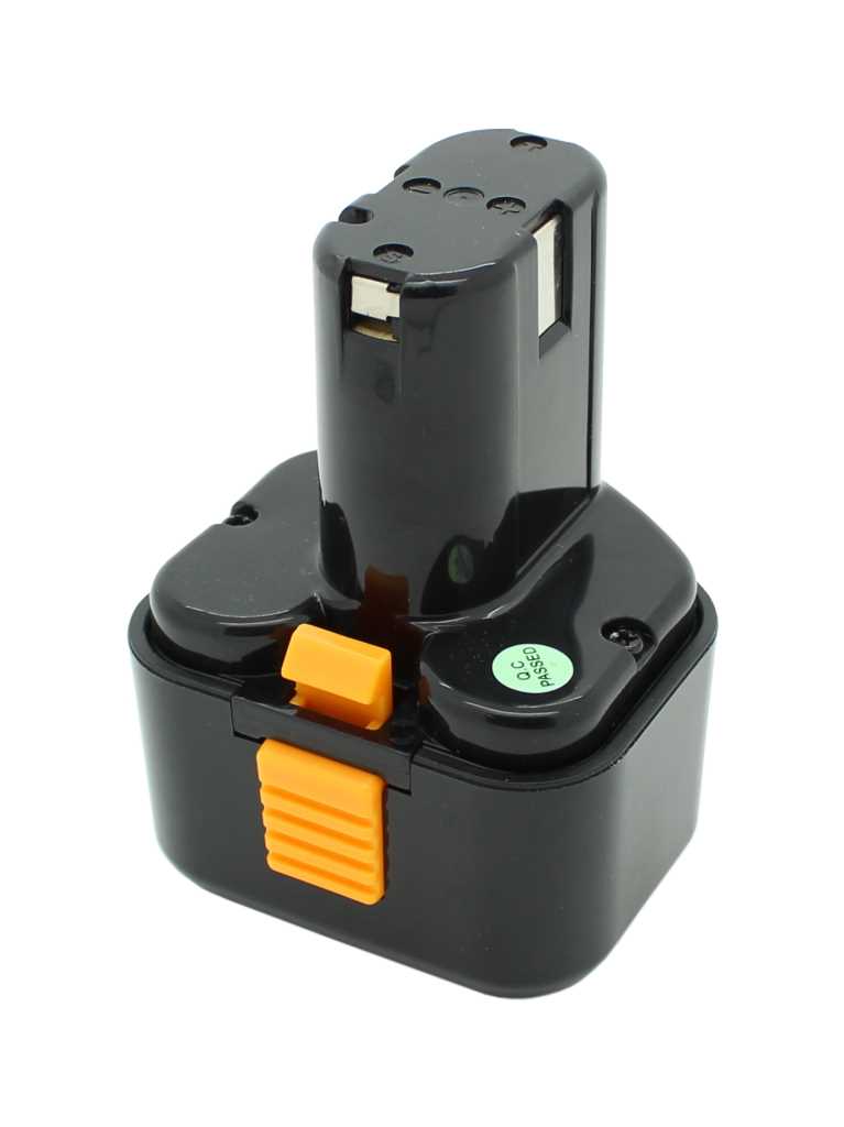 Schwarzer Akku mit hochstehendem Steckteil und orangefarbenem Entriegelungsclip, seitlich sichtbare Metallkontakte