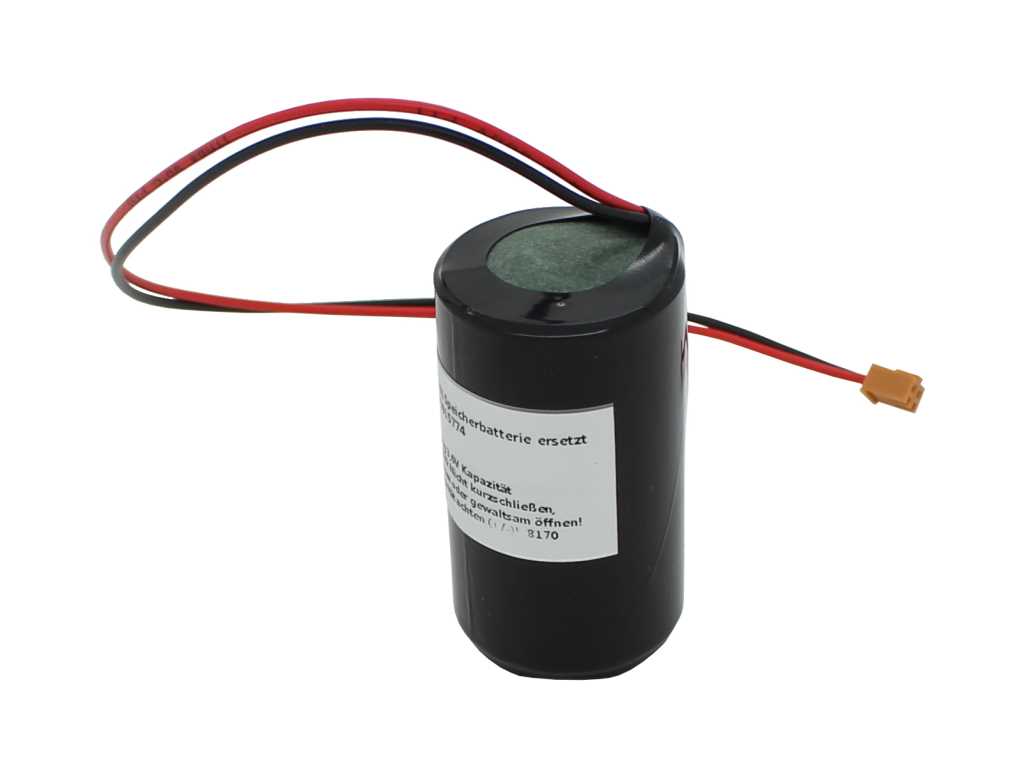 Schwarzer zylindrischer Batteriekörper mit Etikett, zwei Kabeln (rot und schwarz) und kleinem Stecker