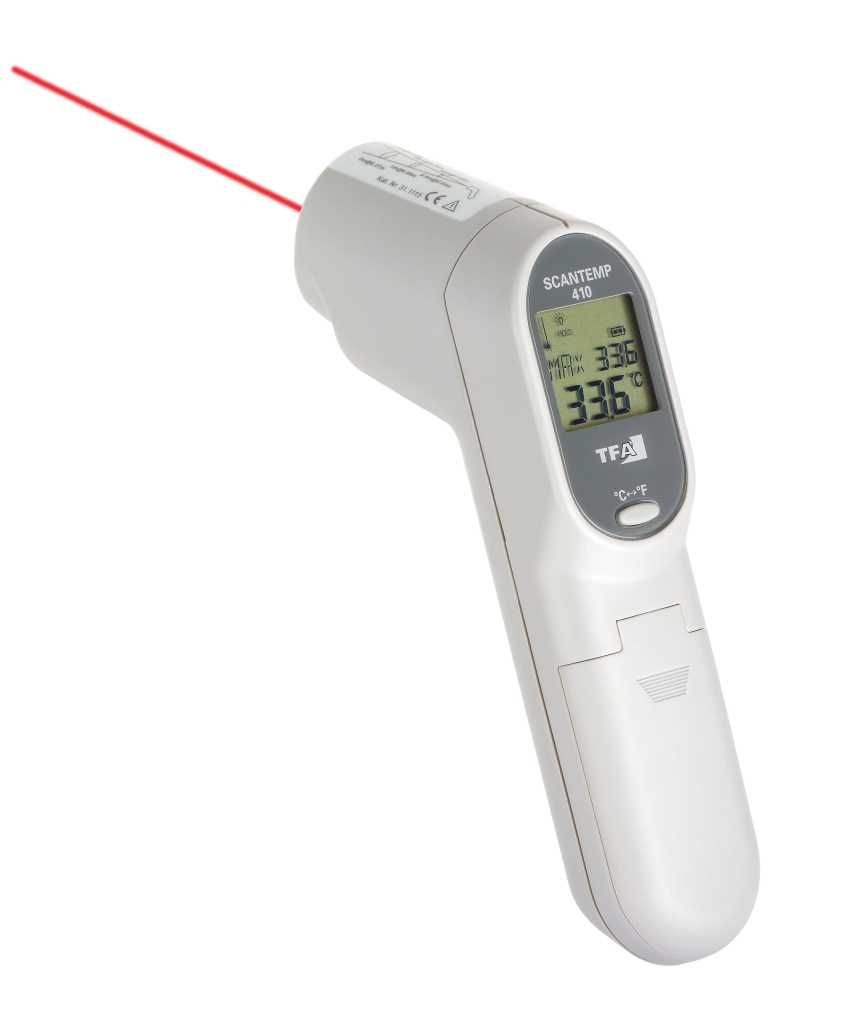 Weißes Handthermometer in Pistolenform mit Display und rotem Laserstrahl auf weißem Hintergrund