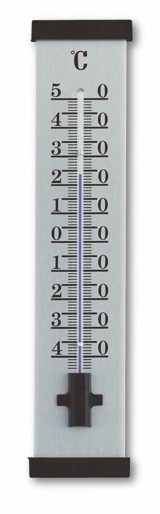 Silbernes Thermometer mit schwarzer Skala und Flüssigkeitssäule, oben Grad-Celsius-Zeichen, schwarze Kappen oben und unten