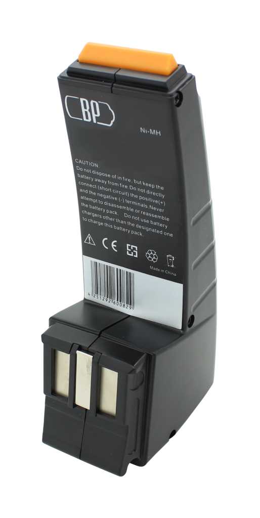 Schwarzer Steckakku mit orangefarbenem Entriegelungsknopf oben und drei Metallkontakten an der Unterseite