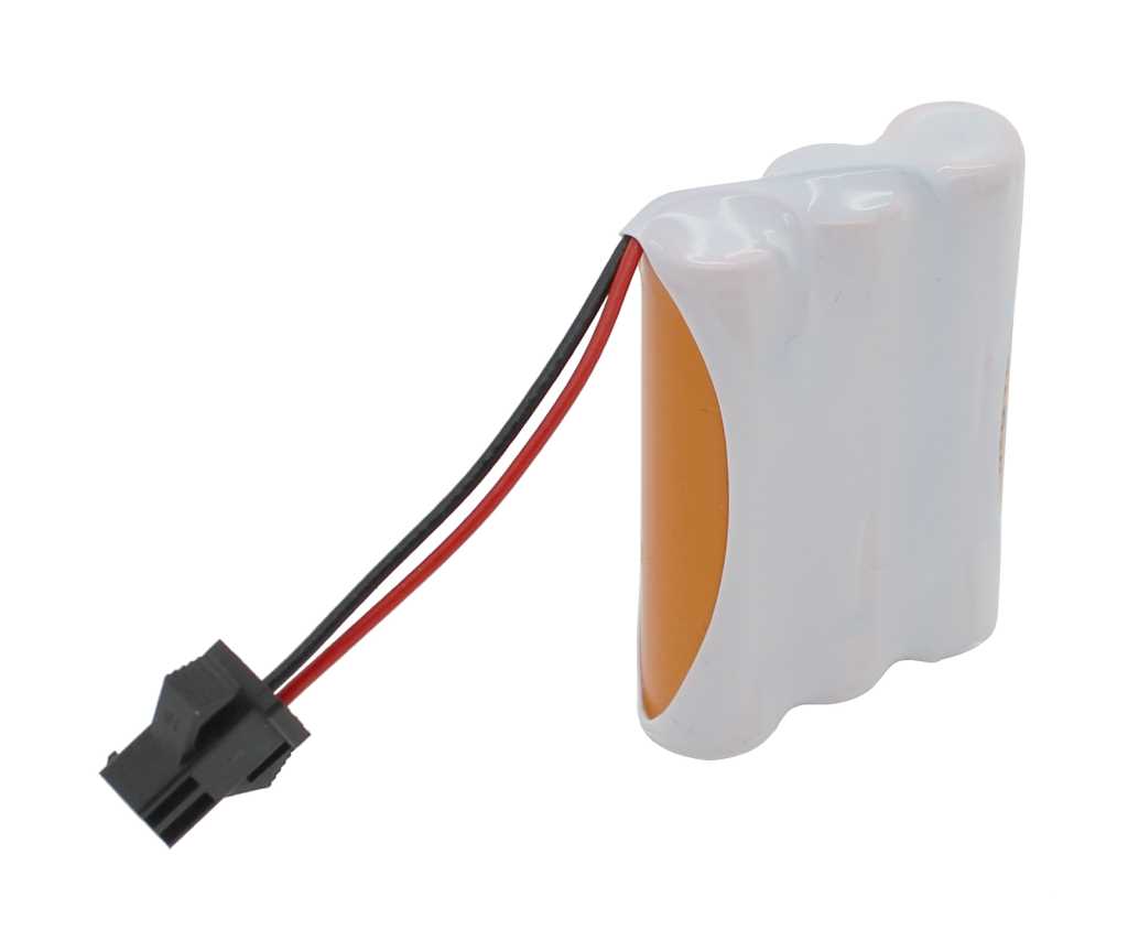 Weiß ummantelter Akkupack mit drei Zellen, seitlich orange, mit rot-schwarzem Kabel und schwarzem Stecker