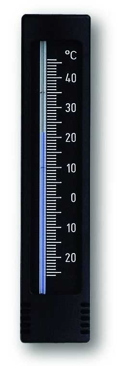 Schwarzes Thermometer mit Celsius-Skala von 40 bis -20 und blauem Flüssigkeitsstreifen in der Mitte