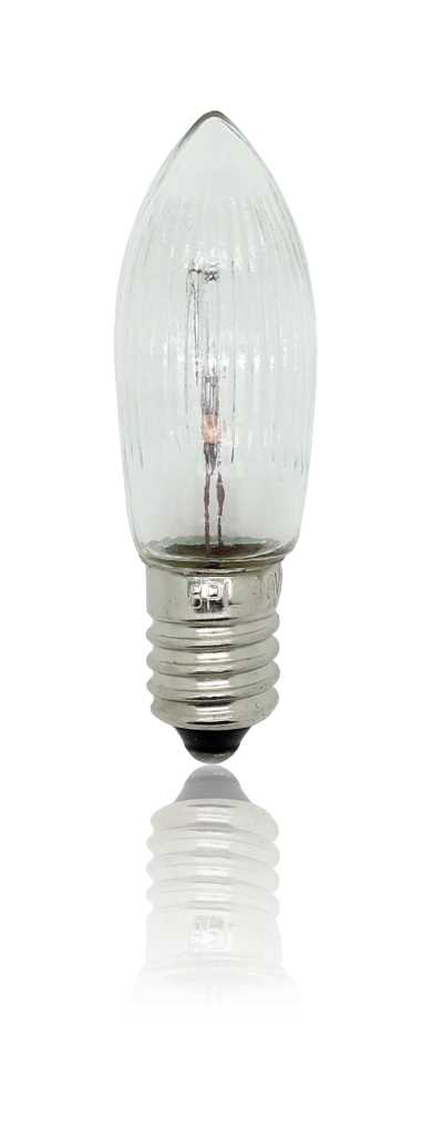 Kerzenförmige klare Glühlampe mit Riffelglas und E10-Schraubsockel, freigestellt mit Spiegelung darunter