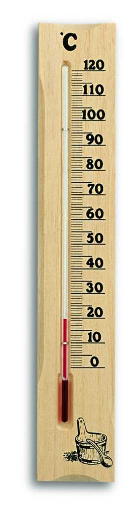 Holzthermometer mit roter Flüssigkeitssäule und Skala von 0 bis 120 Grad, unten kleines Eimer-Symbol