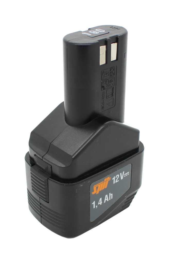 Schwarzer Werkzeugakku mit zwei Kontakten oben und Etikett 12 V, 1,4 Ah an der Seite