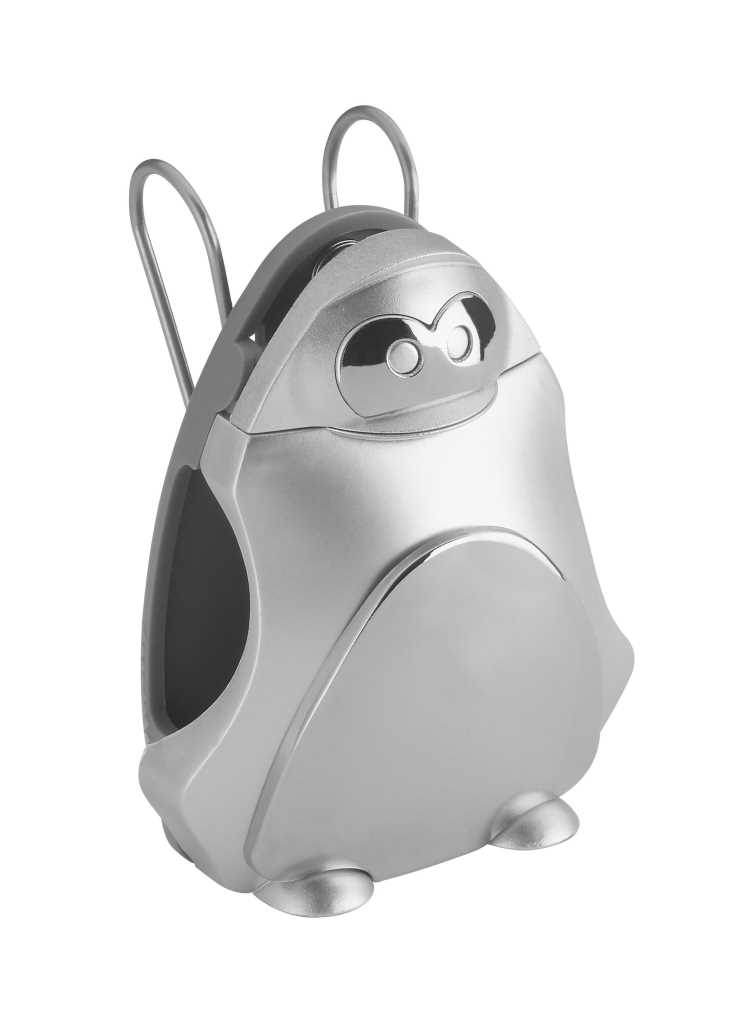 Silberner Halter in Pinguinform mit Drahtbügel und Clip, seitliche Öffnung und zwei Standfüßen auf weißem Hintergrund