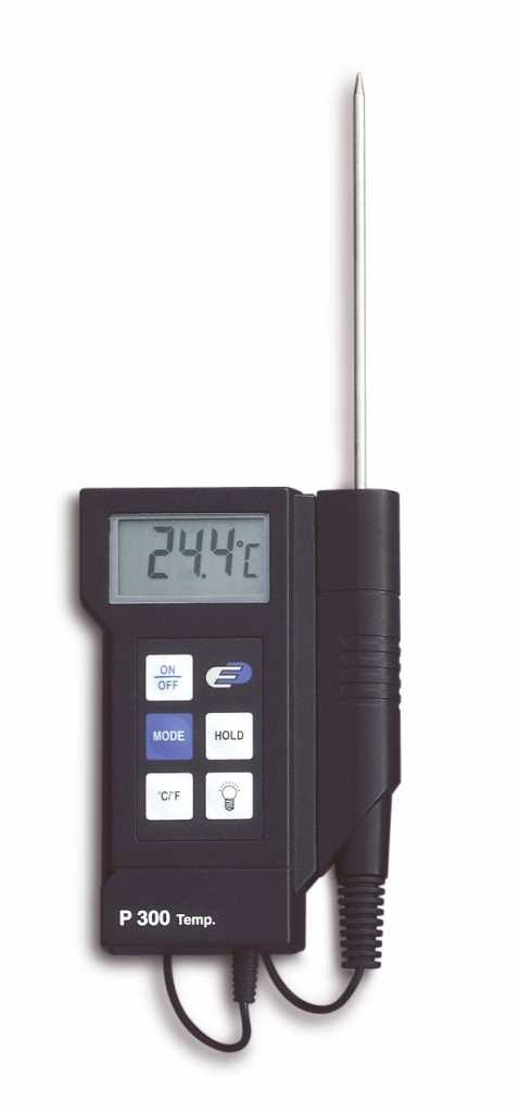 Digitales Thermometer mit Einstechfühler, Display zeigt 24,4 °C und mehrere Bedientasten am Gehäuse